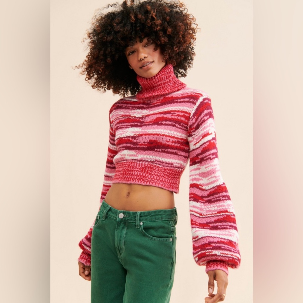 For Love And Lemons Wilma Cropped Turtleneck Sweater, Red Multi Space Dye - Picture 5 of 7